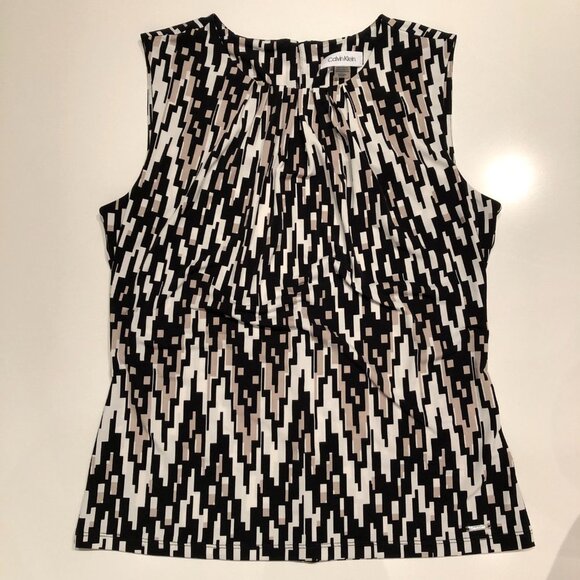 Calvin Klein Sleeveless Scoop Neck Top in Geometric Pattern Blk/Tan/White Sz S - Picture 13 of 13